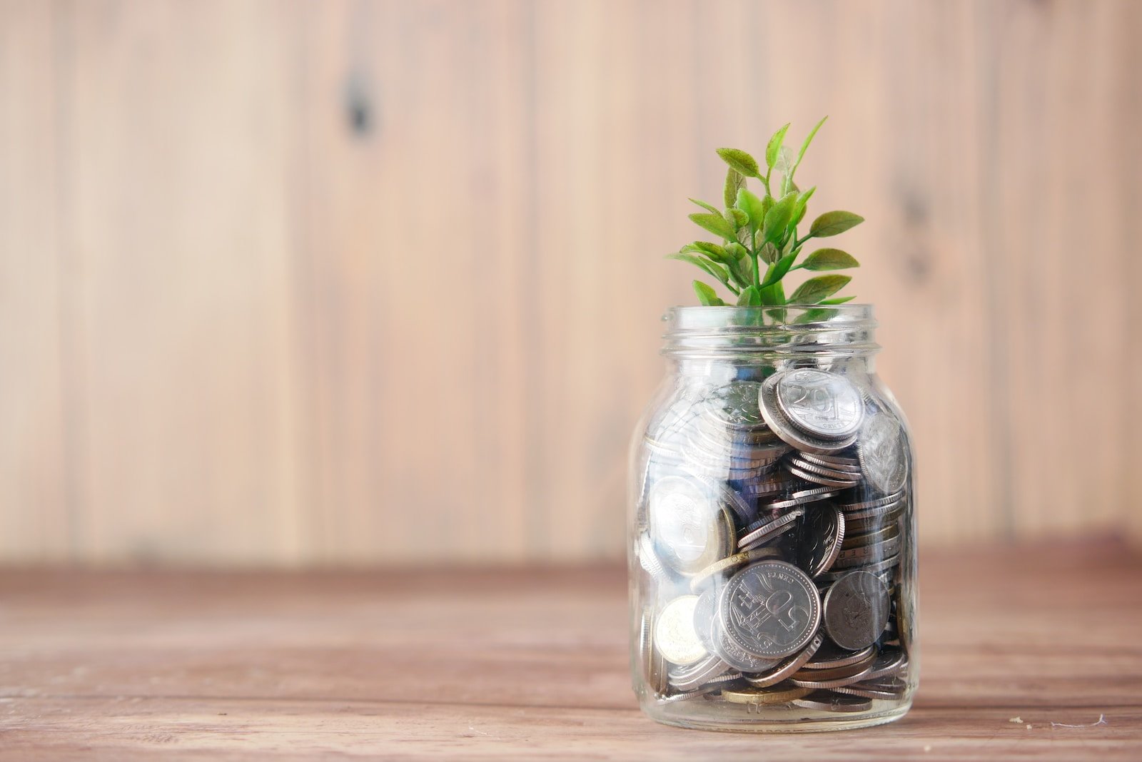 Oración por la estabilidad económica de la familia, a glass jar filled with coins and a plant