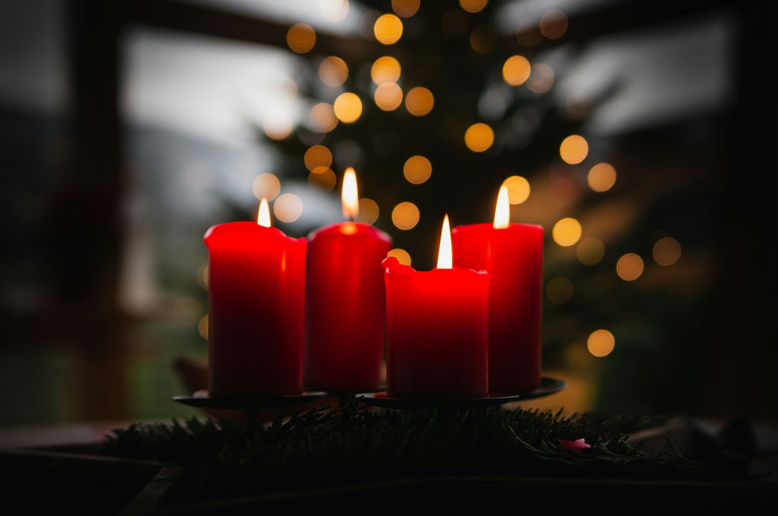 Encuentro Familiar en Navidad, shallow focus photo of four red lighted candles